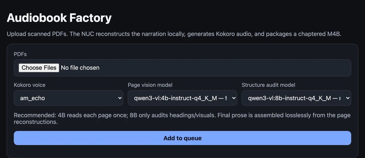 Audiobook Factory empty PDF upload panel with Kokoro voice and Qwen3-VL model controls