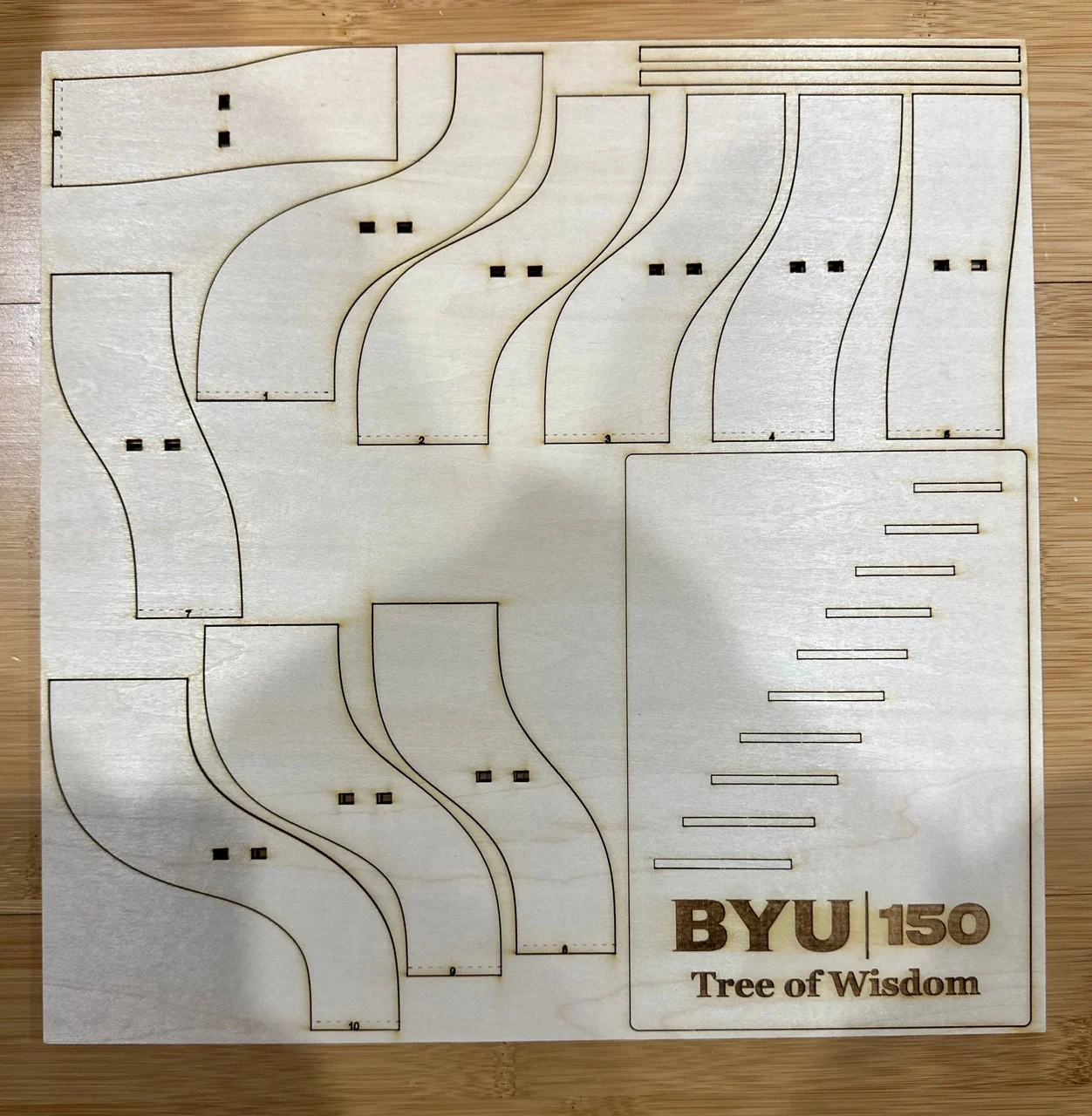 Laser-cut wooden curved panels and engraved base before assembly