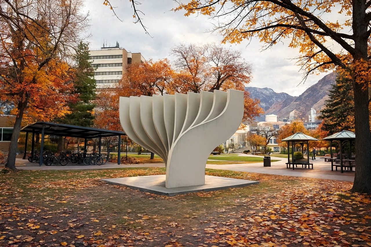 The original Tree of Wisdom sculpture on the BYU campus in autumn