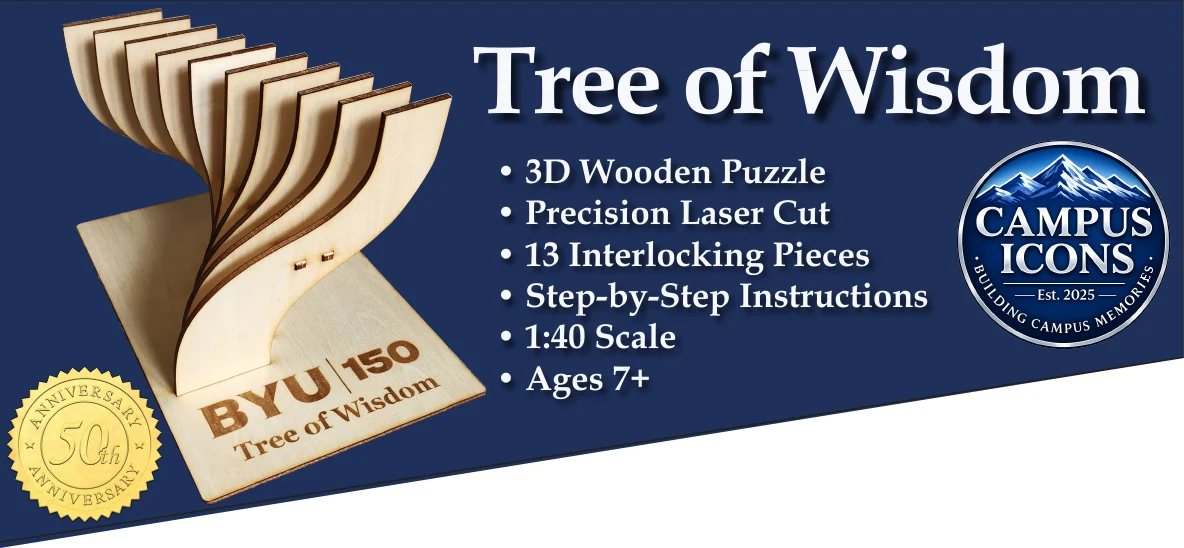 Upright front packaging artwork showing the wooden model and Campus Icons identity