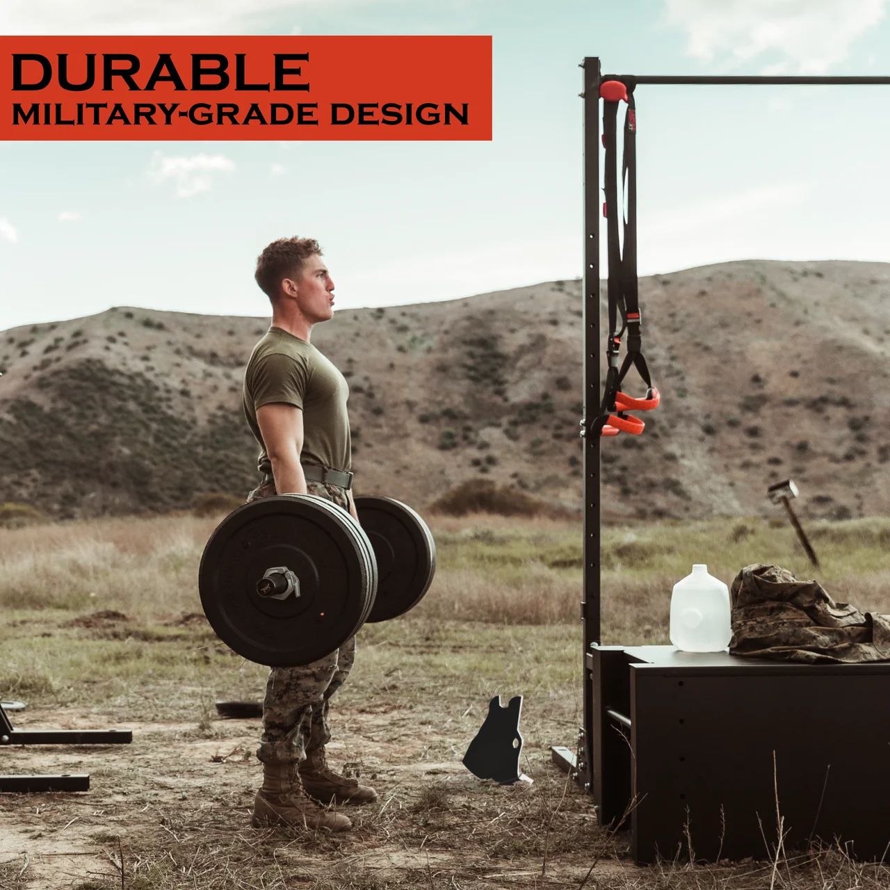 Wolf Fitness lifestyle advertisement with a lifter and orange product messaging
