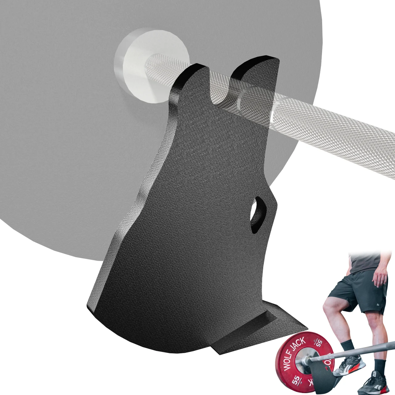 Wolf Jack isolated on white with a small inset showing it lifting a barbell